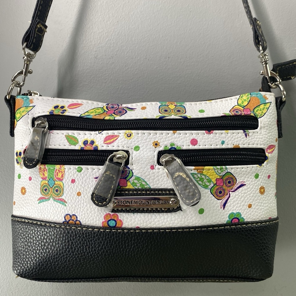 STONE MOUNTAIN Women's Owl Design Purse Pebbled White/Black Handbag 9x7x1.5" NEW